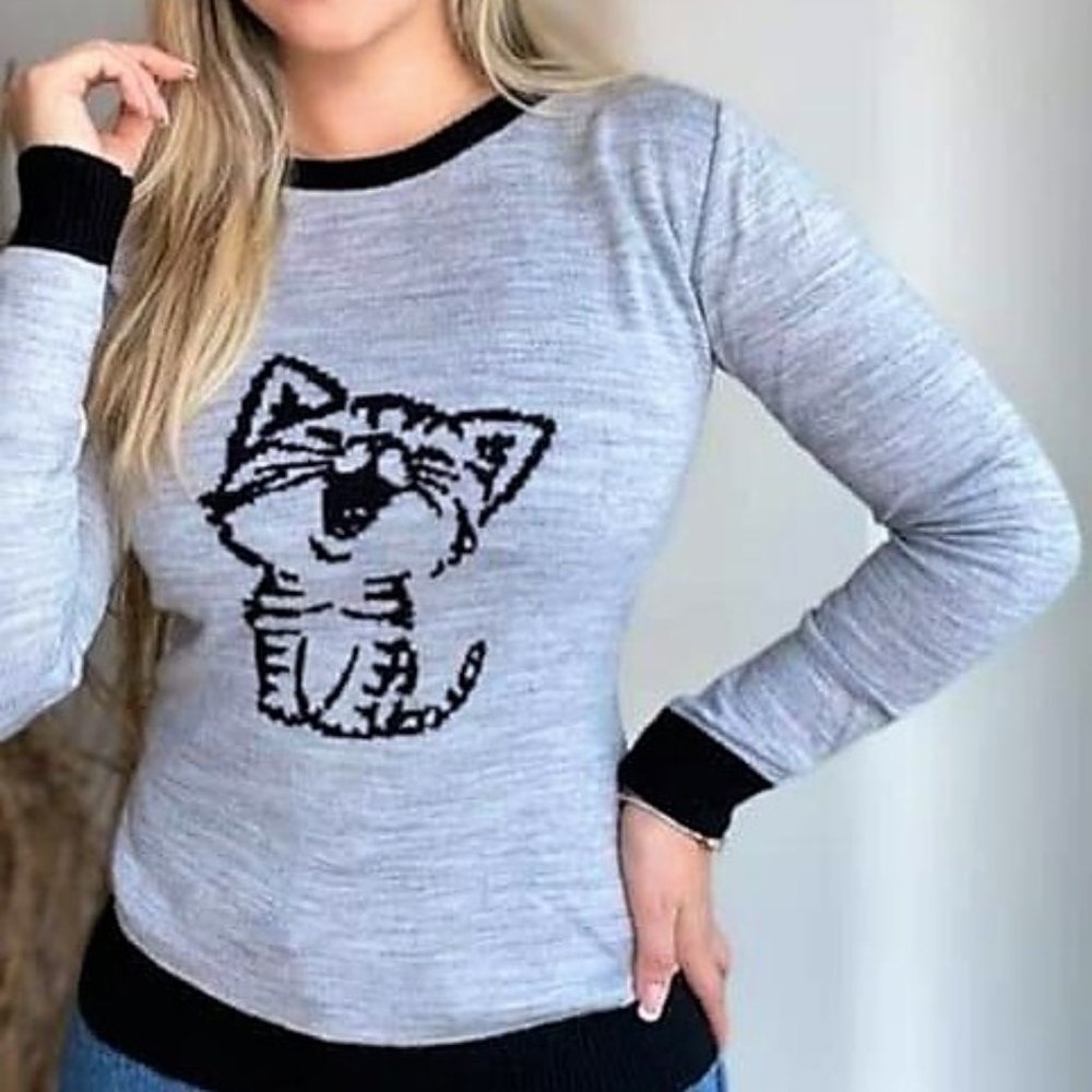 HANDMADE Women's round neck CUTE CAT Long Sleeve Soft Stretch  Knit Top Sweater